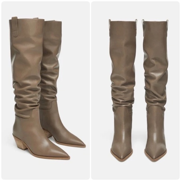 Zara Flat Leather Boots Sz 40 US 9 Classic Knee High Slouchy Taupe Spain